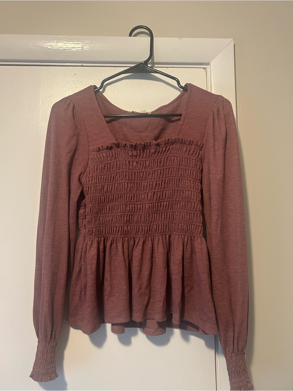 Altar'd State Mauve Smocked Peplum Long-Sleeve Top